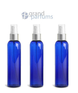 6 PBA Free Pet Plastic 8 Oz Cobalt Blue (240ml) Cosmo Bottles w/ Shiny Silver Spray Cap for Perfume Essential Oil Blends Aromatherapy DIY