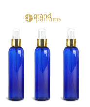 Load image into Gallery viewer, 3 PBA Free Pet Plastic 8 Oz Cobalt Blue (240ml) Cosmo Bottles w/ Gold Matte Spray Cap for Perfume Essential Oil Blends Aromatherapy DIY