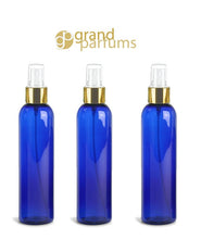 Load image into Gallery viewer, 6 PBA Free Pet Plastic 8 Oz Cobalt Blue (240ml) Cosmo Bottles w/ Shiny Silver Spray Cap for Perfume Essential Oil Blends Aromatherapy DIY