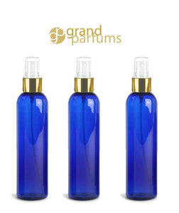 6 PBA Free Pet Plastic 8 Oz Cobalt Blue (240ml) Cosmo Bottles w/ Shiny Silver Spray Cap for Perfume Essential Oil Blends Aromatherapy DIY