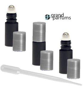 6 Premium 4ml Empty Black Satin Glass Roll On Bottles w STAINLESS STEEL ROLLERS Roller Ball Bottles  with Silver Caps