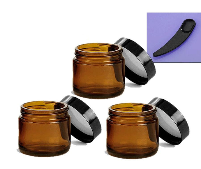 24  2 Oz Amber Glass Jars, Quality Empty Cosmetic Containers & Spatulas/Spoons 60mL with Black Lids Sugar Scrub, Salt