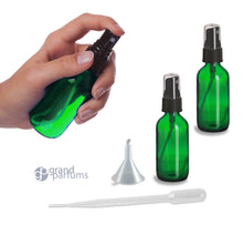 Load image into Gallery viewer, 6 Bottle Green 4 Oz Glass Atomizer Spray Bottles w/ Black Fine Mist  120ml Boston Round Essential Oil Aromatherapy Perfume Body Freshener