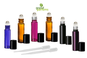 6 Men's Color Collection 10ml Empty Glass Roll On Bottles UPSCALE Stainless STEEL ROLLERS Essential Oil Cologne Amber Blue Plum Black Purple