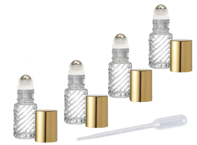 24 CLEAR Swirled Rollerball Bottles Stainless Steel 4mL DELUXE Dram w/ Gold or Silver Metallic Caps 1/8 Oz Roll-Ons Essential Oil Perfume