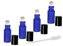 Load image into Gallery viewer, 12 Frosted Cobalt Blue Rollerball Bottles Stainless Steel 4mL DELUXE Dram Gold or Silver Metallic Caps 1/8 Oz Roll-Ons Essential Oil Perfume