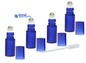 6 Frosted Cobalt Blue Rollerball Bottles Stainless Steel 4mL DELUXE Dram Gold or Silver Metallic Caps 1/8 Oz Roll-Ons Essential Oil Perfume