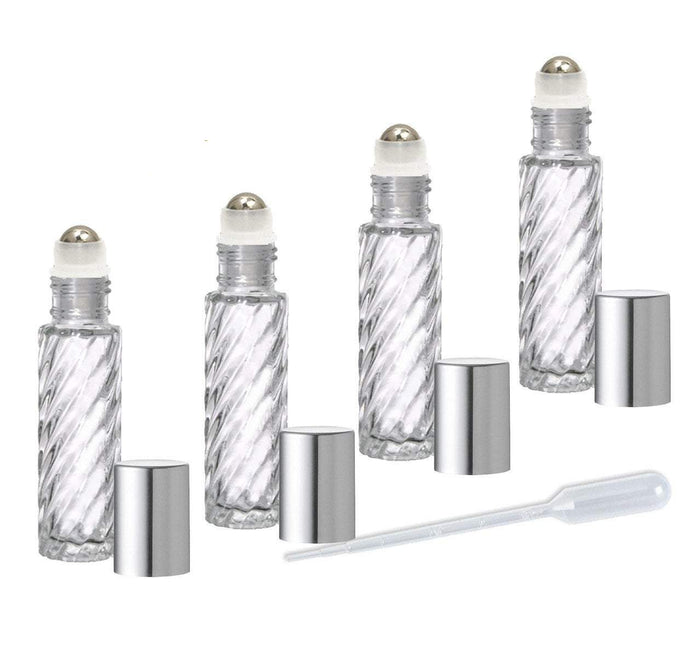 12 CLEAR or Swirled 10mL DELUXE Rollerball Bottles Metal Steel Rollers  Gold or Silver Metallic Caps 1/3 Oz Roll-Ons Essential Oil Perfume