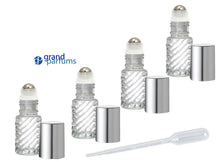 Load image into Gallery viewer, 48 CLEAR Swirled Rollerball Bottles Stainless Steel 4mL DELUXE Dram w/ Gold or Silver Metallic Caps 1/8 Oz Roll-Ons Essential Oil Perfume