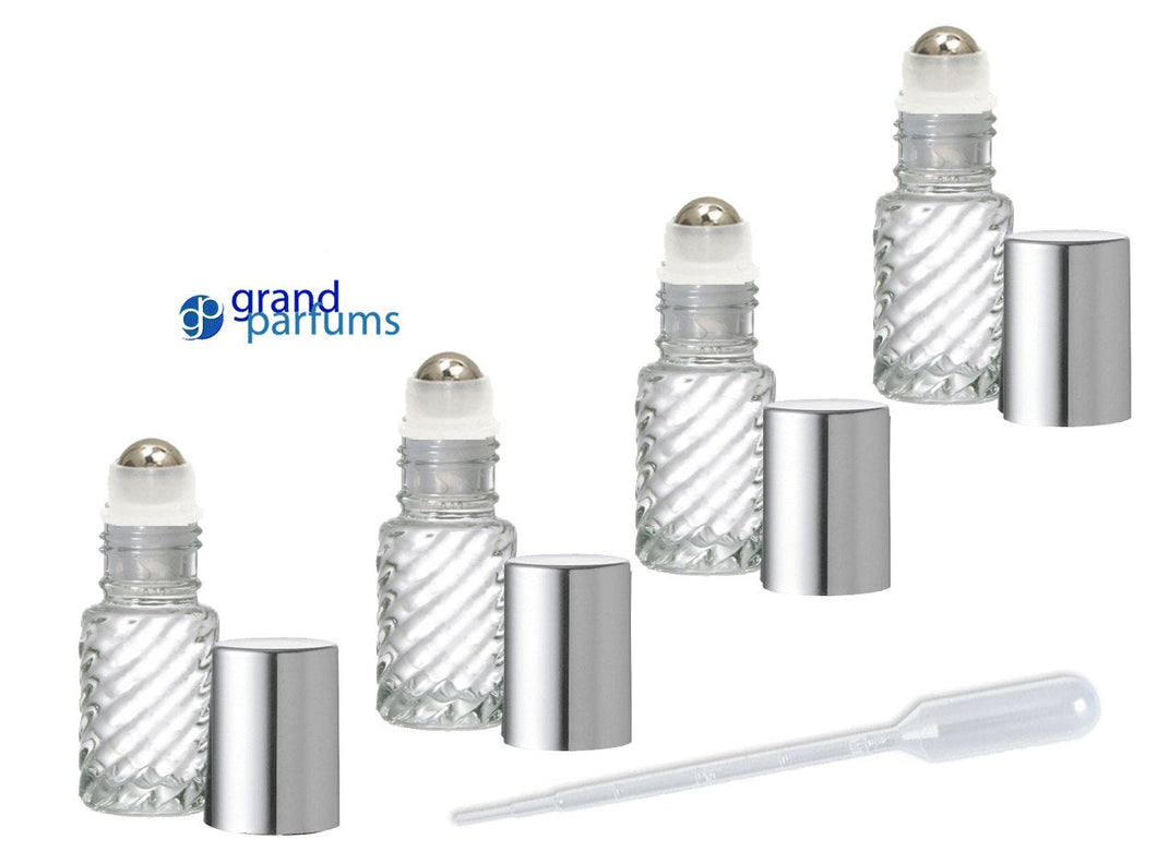 48 CLEAR Swirled Rollerball Bottles Stainless Steel 4mL DELUXE Dram w/ Gold or Silver Metallic Caps 1/8 Oz Roll-Ons Essential Oil Perfume