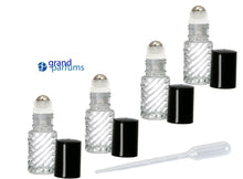 Load image into Gallery viewer, 48 CLEAR Swirled Rollerball Bottles Stainless Steel 4mL DELUXE Dram w/ Gold or Silver Metallic Caps 1/8 Oz Roll-Ons Essential Oil Perfume