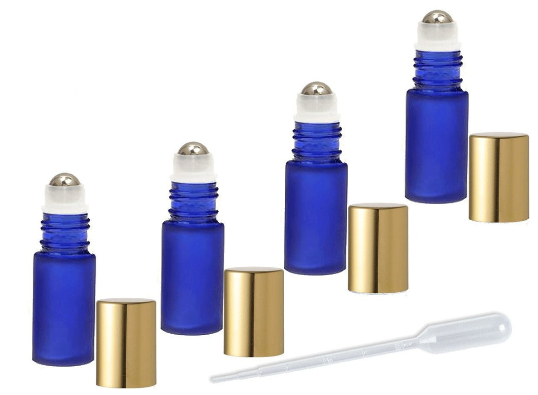 12 Frosted Cobalt Blue Rollerball Bottles Stainless Steel 4mL DELUXE Dram Gold or Silver Metallic Caps 1/8 Oz Roll-Ons Essential Oil Perfume