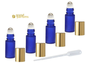 6 Frosted Cobalt Blue Rollerball Bottles Stainless Steel 4mL DELUXE Dram Gold or Silver Metallic Caps 1/8 Oz Roll-Ons Essential Oil Perfume