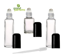Load image into Gallery viewer, 6 Rollerball Bottles 30ml Glass Roll On Bottles Deluxe STAINLESS STEEL ROLLERS 1 Oz Square or Tall Elegant Shape with Funnel for Oil Perfume