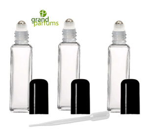 6 Rollerball Bottles 30ml Glass Roll On Bottles Deluxe STAINLESS STEEL ROLLERS 1 Oz Square or Tall Elegant Shape with Funnel for Oil Perfume