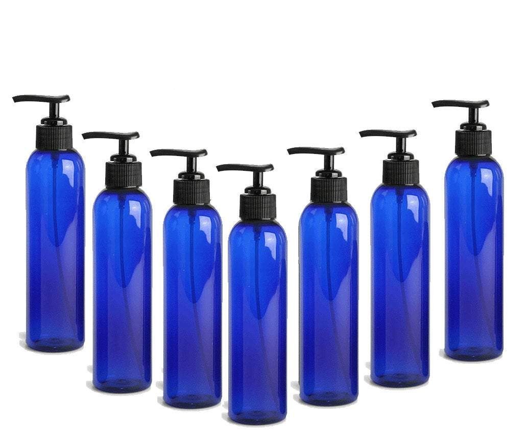 6 Cobalt Blue 8 Oz Lotion Pump Dispenser BOTTLES BPA Free PET Black Pump Cap Lotion, Shampoo, Body Cream, Soap Aromatherapy, Essential Oil