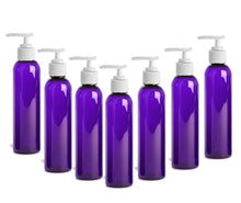 Load image into Gallery viewer, 6 Purple Lotion Pump Dispenser BOTTLES 4 Oz, BPA Free PET White Pump Cap Lotion, Shampoo, Body Cream, Soap Aromatherapy, Essential Oil