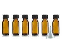 Load image into Gallery viewer, 24 PREMIUM 1/2 Oz AMBER Boston Round Essential Oil Empty Glass Bottles 15 ml (15g) with Leak-Proof Black Phenolic Caps Aromatherapy Bottles