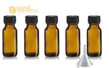 Load image into Gallery viewer, 6 PREMIUM 1 Oz Amber Boston Round Essential Oil Empty Glass Bottles 30 ml (30g) with Leak-Proof Black Phenolic Caps Aromatherapy Bottles