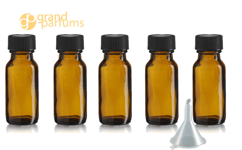 6 PREMIUM 1 Oz Amber Boston Round Essential Oil Empty Glass Bottles 30 ml (30g) with Leak-Proof Black Phenolic Caps Aromatherapy Bottles
