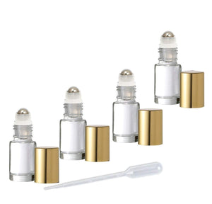 12 MINI Clear 5ml Rollerball Bottles Stainless Steel 5 mL DELUXE Dram w/ Gold or Silver Metallic Caps 1/6 Oz Roll-Ons Essential Oil Perfume