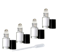 Load image into Gallery viewer, 12 MINI Clear 5ml Rollerball Bottles Stainless Steel 5 mL DELUXE Dram w/ Gold or Silver Metallic Caps 1/6 Oz Roll-Ons Essential Oil Perfume