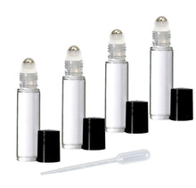 Load image into Gallery viewer, 24 CLEAR 10mL DELUXE Swirled Rollerball Bottles Metal Steel Rollers  Gold or Silver Metallic Caps 1/3 Oz Roll-Ons Essential Oil Perfume