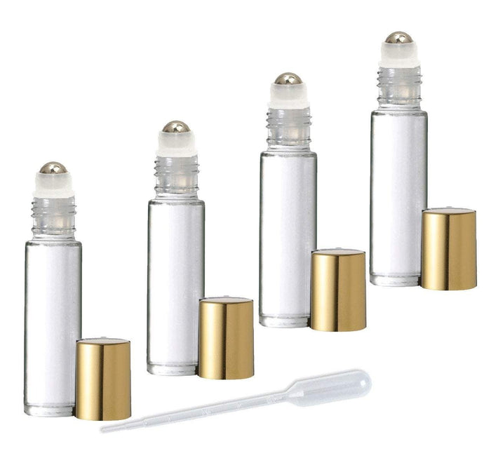 24 CLEAR 10mL DELUXE Swirled Rollerball Bottles Metal Steel Rollers  Gold or Silver Metallic Caps 1/3 Oz Roll-Ons Essential Oil Perfume