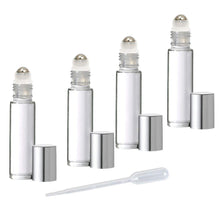 Load image into Gallery viewer, 24 CLEAR 10mL DELUXE Swirled Rollerball Bottles Metal Steel Rollers  Gold or Silver Metallic Caps 1/3 Oz Roll-Ons Essential Oil Perfume