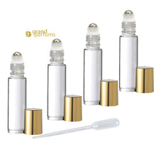Load image into Gallery viewer, 12 CLEAR or Swirled 10mL DELUXE Rollerball Bottles Metal Steel Rollers  Gold or Silver Metallic Caps 1/3 Oz Roll-Ons Essential Oil Perfume