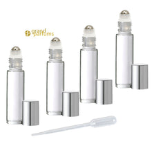 Load image into Gallery viewer, 12 CLEAR or Swirled 10mL DELUXE Rollerball Bottles Metal Steel Rollers  Gold or Silver Metallic Caps 1/3 Oz Roll-Ons Essential Oil Perfume