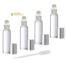 Load image into Gallery viewer, 48 CLEAR 10mL DELUXE Swirled Rollerball Bottles Metal Steel Rollers  Gold or Silver Metallic Caps 1/3 Oz Roll-Ons Essential Oil Perfume