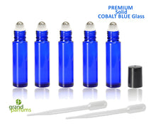 Load image into Gallery viewer, 6 SOLID Cobalt Blue PREMIUM Roll On Bottles STAINLESS Steel Roller Balls 10ml Essential Oil, Metallic Cap Gold Silver 1/3 Oz. Not Painted