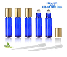 Load image into Gallery viewer, 6 SOLID Cobalt Blue PREMIUM Roll On Bottles STAINLESS Steel Roller Balls 10ml Essential Oil, Metallic Cap Gold Silver 1/3 Oz. Not Painted