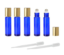 Load image into Gallery viewer, 12 SOLID Cobalt Blue PREMIUM Roll On Bottles STAINLESS Steel Roller Balls 10ml Essential Oil, Metallic Cap Gold Silver 1/3 Oz. Not Painted