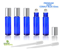 Load image into Gallery viewer, 3 SOLID Cobalt Blue PREMIUM Roll On Bottles STAINLESS Steel Roller Balls 10ml Essential Oil, Metallic Cap Gold Silver 1/3 Oz. Not Painted