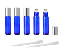Load image into Gallery viewer, 12 SOLID Cobalt Blue PREMIUM Roll On Bottles STAINLESS Steel Roller Balls 10ml Essential Oil, Metallic Cap Gold Silver 1/3 Oz. Not Painted