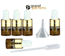 Load image into Gallery viewer, 50 3ml AMBER Glass Dropper Bottle 1ml MINI Vials Essential Oil, Serum, Miniature Tester Upscale GOLD Aromatherapy, Sample, Eliquid PIpette