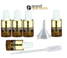 Load image into Gallery viewer, 6 3ml AMBER Glass Dropper Bottle 1ml MINI Vials Essential Oil, Serum, Miniature Tester Upscale GOLD Aromatherapy, Sample, Eliquid PIpette