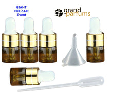 Load image into Gallery viewer, 50 3ml AMBER Glass Dropper Bottle 1ml MINI Vials Essential Oil, Serum, Miniature Tester Upscale GOLD Aromatherapy, Sample, Eliquid PIpette
