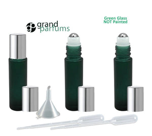 6 10ml Frosted GREEN Glass 10ml Roll-On Bottles PREMIUM Italian 1/3 Oz STEEL Rollerball Perfume Essential Oil Aromatherapy