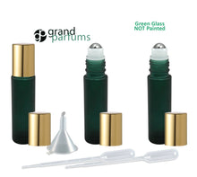 Load image into Gallery viewer, 6 10ml Frosted GREEN Glass 10ml Roll-On Bottles PREMIUM Italian 1/3 Oz STEEL Rollerball Perfume Essential Oil Aromatherapy