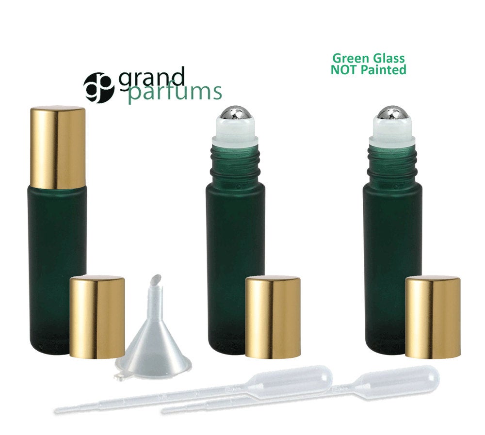 6 10ml Frosted GREEN Glass 10ml Roll-On Bottles PREMIUM Italian 1/3 Oz STEEL Rollerball Perfume Essential Oil Aromatherapy
