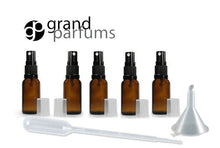 Load image into Gallery viewer, 6 Amber 10mL Essential Oil Mini Glass Spray Bottles 1/3 Oz Fine Mist Atomizers Aromatherapy, Travel Bug Repellant, Freshener, Floral Water