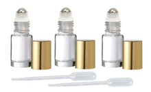 Load image into Gallery viewer, 12 MINI Clear 5ml Rollerball Bottles Stainless Steel 5 mL DELUXE Dram w/ Gold or Silver Metallic Caps 1/6 Oz Roll-Ons Essential Oil Perfume