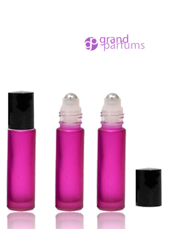 6 Frosted Magenta Pink Glass Rollerball Bottles w/ Stainless Steel Metal Roller Fitments PREMIUM UPSCALE roll-on 10ml 1/3 Oz Rollon Roller