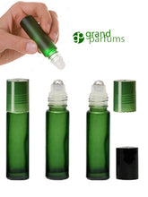 Load image into Gallery viewer, 3 Frosted Green Glass Rollerball Bottles w/ Stainless Steel Metal Roller Fitments PREMIUM UPSCALE roll-on 10ml 1/3 Oz Rollon Roller Botltle
