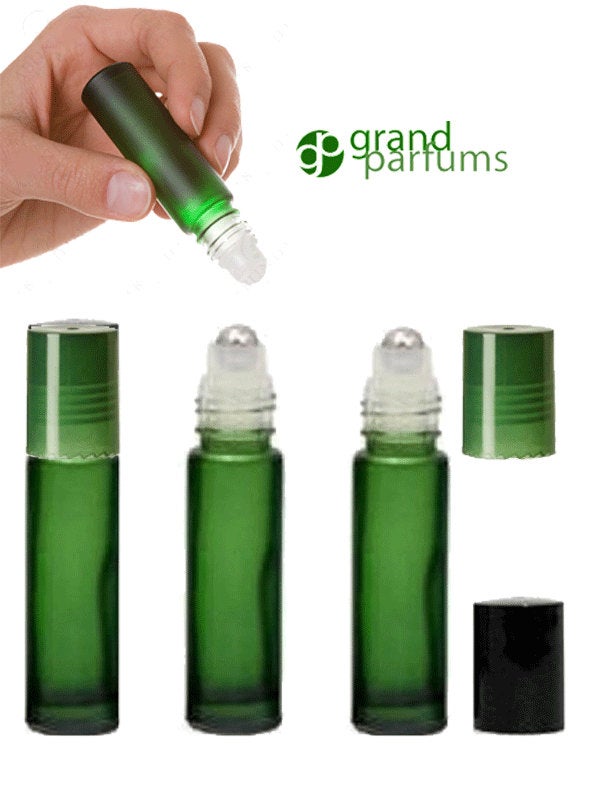 3 Frosted Green Glass Rollerball Bottles w/ Stainless Steel Metal Roller Fitments PREMIUM UPSCALE roll-on 10ml 1/3 Oz Rollon Roller Botltle