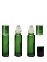 Load image into Gallery viewer, 12 Frosted Green Glass Rollerball Bottles w/ Stainless Steel Metal Roller Fitments PREMIUM UPSCALE roll-on 10ml 1/3 Oz Rollon Roller Botltle