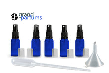 Load image into Gallery viewer, 6 Cobalt Blue 5mL Essential Oil MINI Glass Spray Bottles 1/6 Oz Fine Mist Atomizers Aromatherapy,Travel Purse Size, Floral Water Funnel